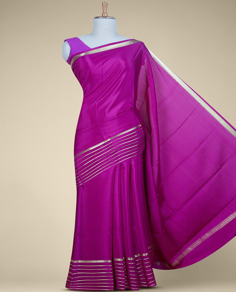Purple plain mysore silk saree, zari design border & pallu of zari stripes