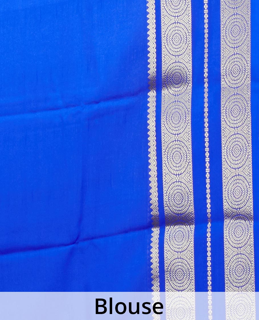 Ultramarine blue plain mysore silksaree, contrast traditional zari border of chakram designs & pallu of zari stripes