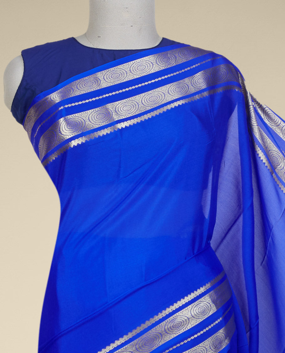 Ultramarine blue plain mysore silksaree, contrast traditional zari border of chakram designs & pallu of zari stripes