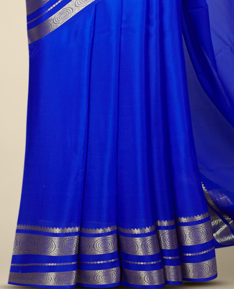 Ultramarine blue plain mysore silksaree, contrast traditional zari border of chakram designs & pallu of zari stripes