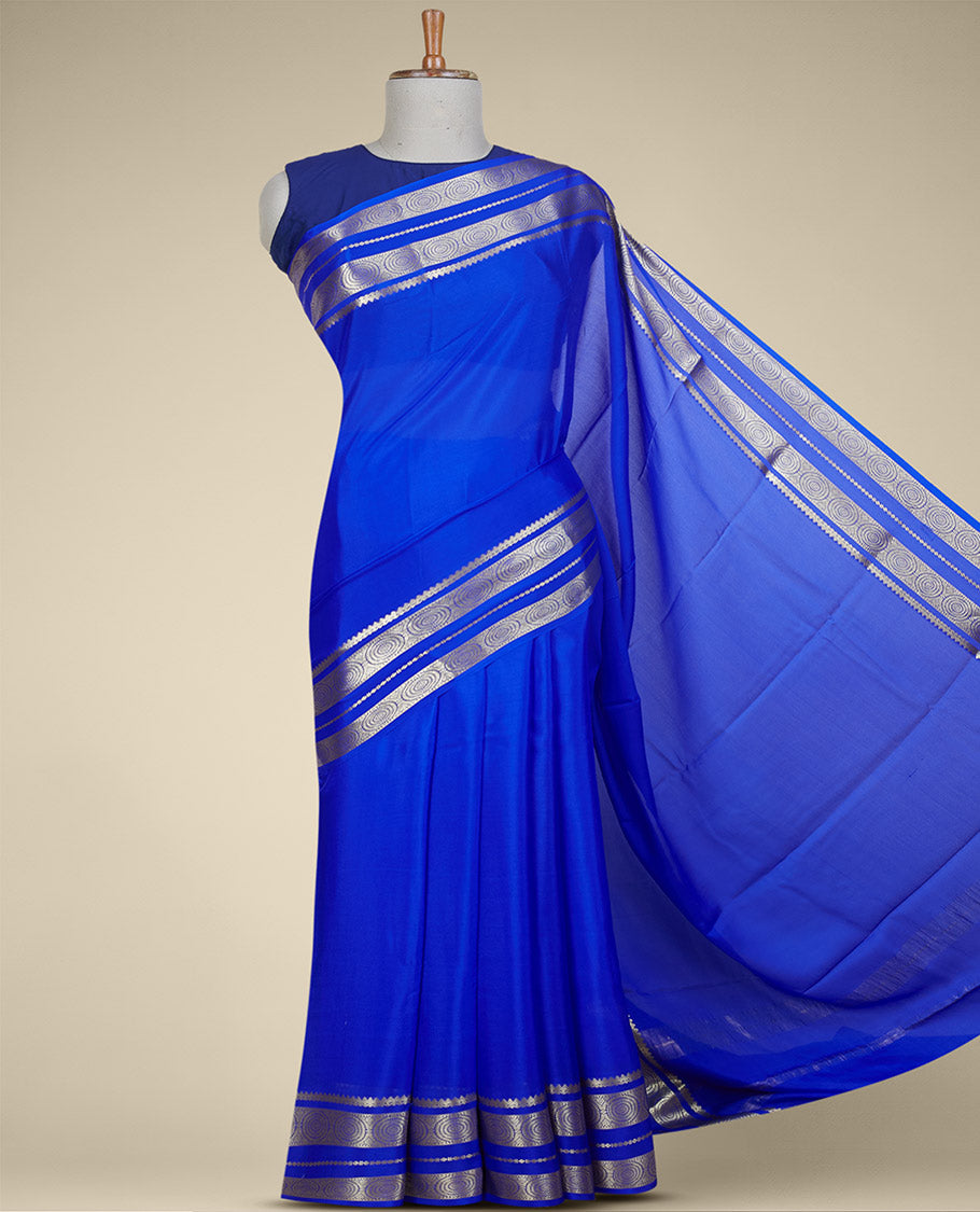 Ultramarine blue plain mysore silksaree, contrast traditional zari border of chakram designs & pallu of zari stripes