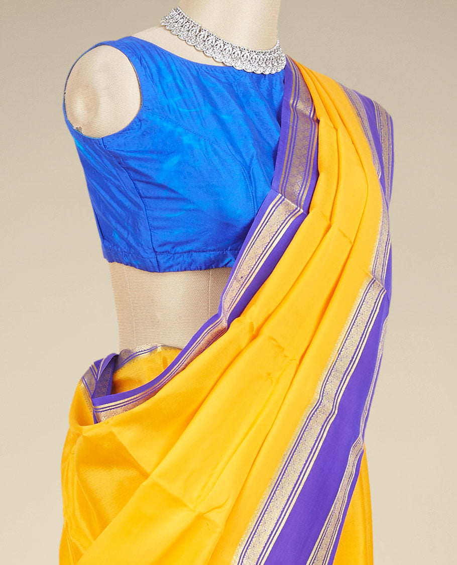 Yellow plain design mysore silk saree, contrast traditional zari design border & pallu of zari stripes