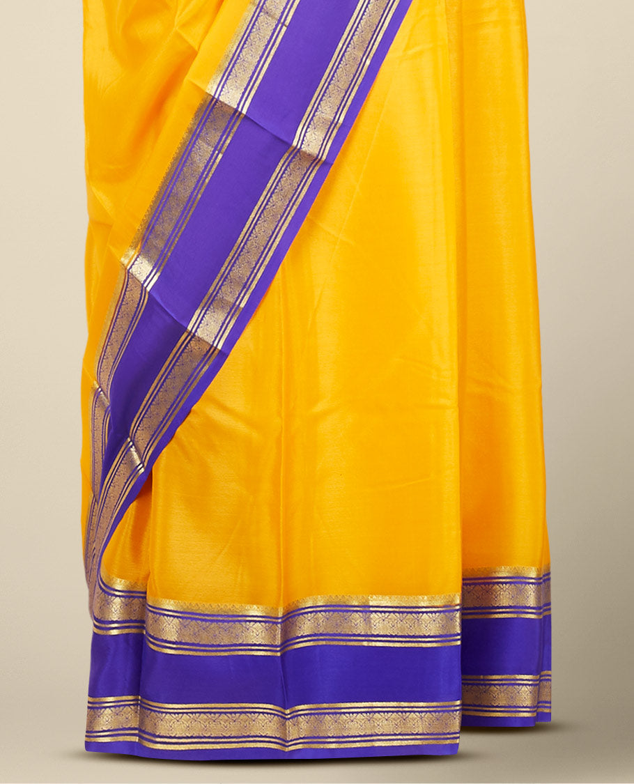 Yellow plain design mysore silk saree, contrast traditional zari design border & pallu of zari stripes