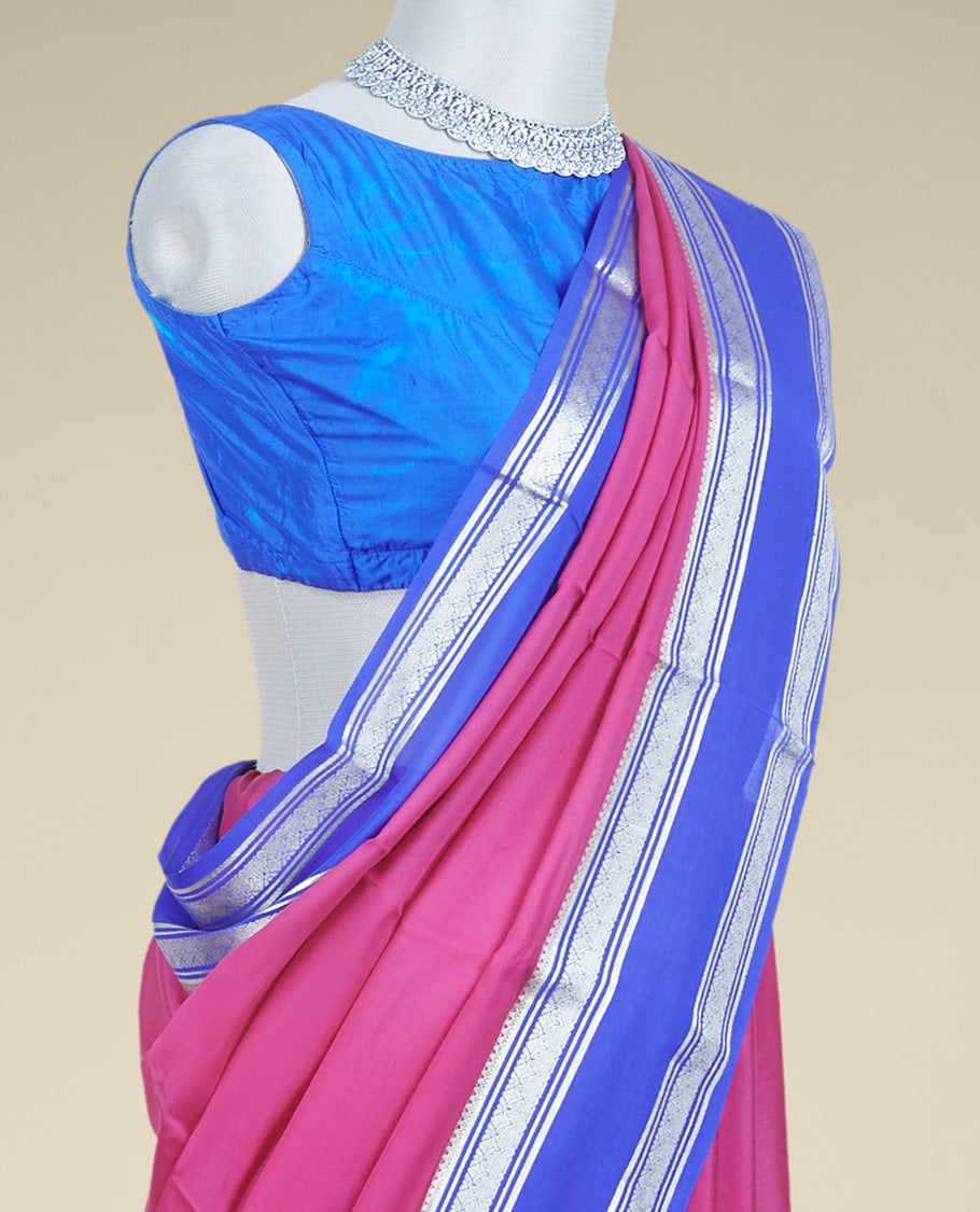 Pink plain design mysore silk saree, contrast traditional zari border & pallu of zari stripes
