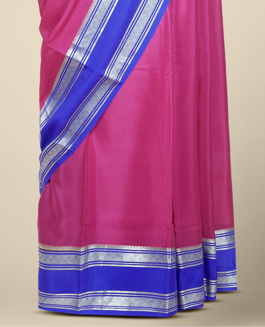 Pink plain design mysore silk saree, contrast traditional zari border & pallu of zari stripes
