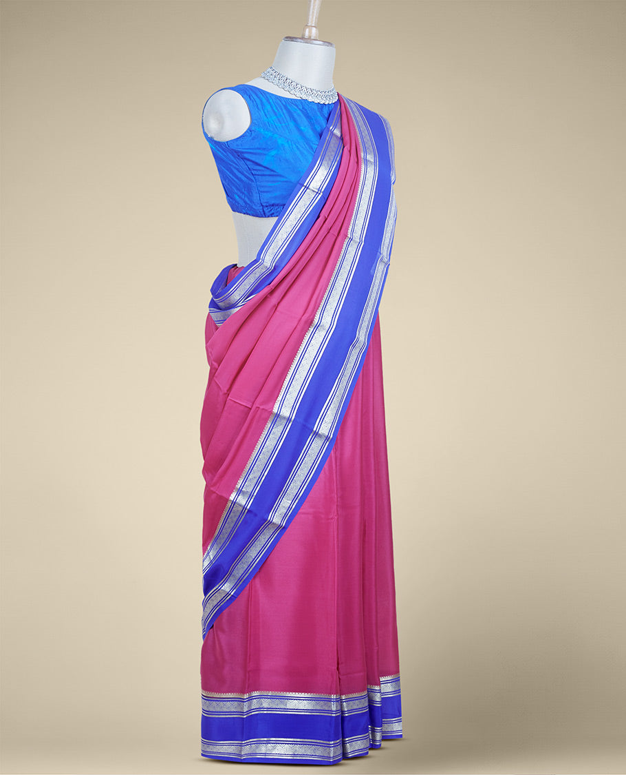 Pink plain design mysore silk saree, contrast traditional zari border & pallu of zari stripes