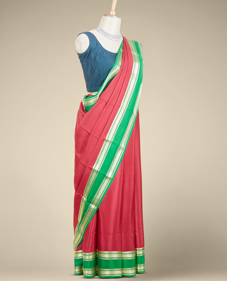 Maroon plain design mysore silk saree, contrast traditional zari border & pallu of zari stripes