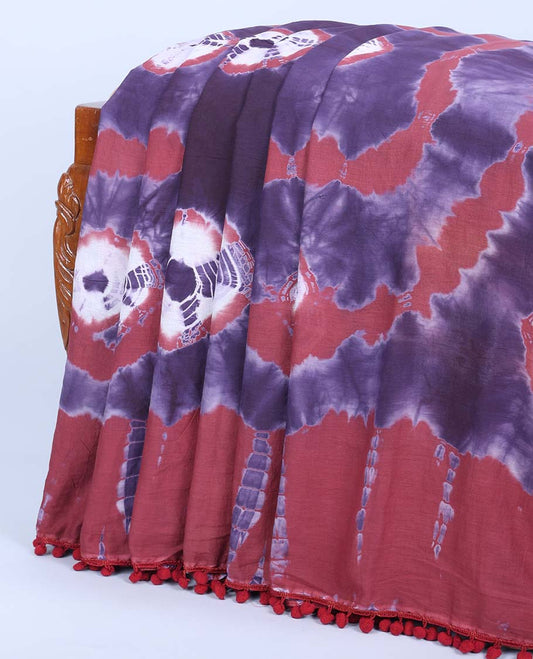 Borderless blue & red shibori-style printed cotton saree