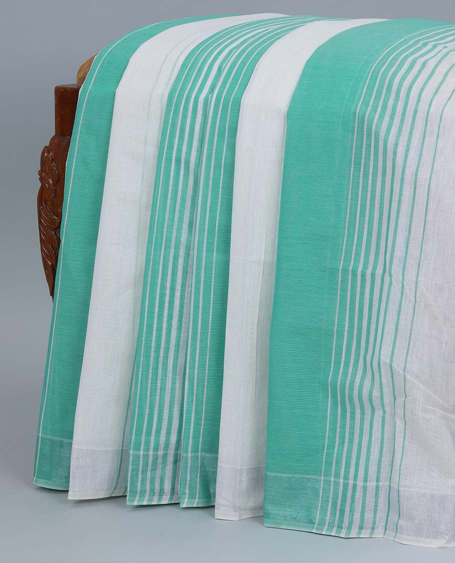 Green & white striped jute cotton saree, self-border & pallu of stripes