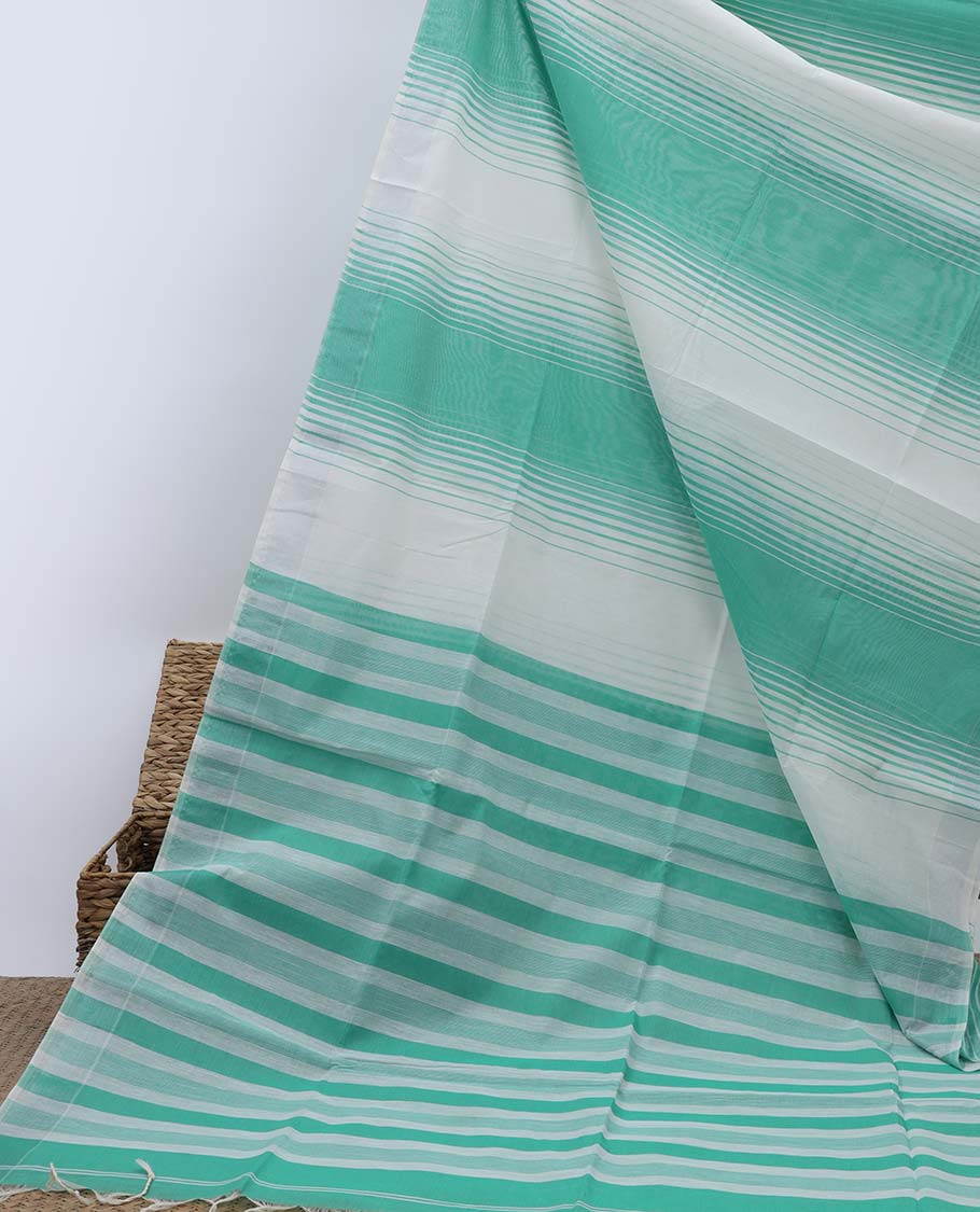 Green & white striped jute cotton saree, self-border & pallu of stripes