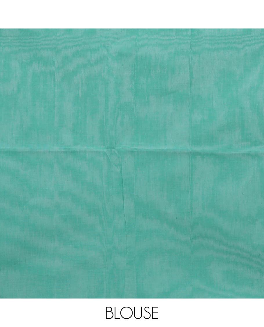 Green & white striped jute cotton saree, self-border & pallu of stripes