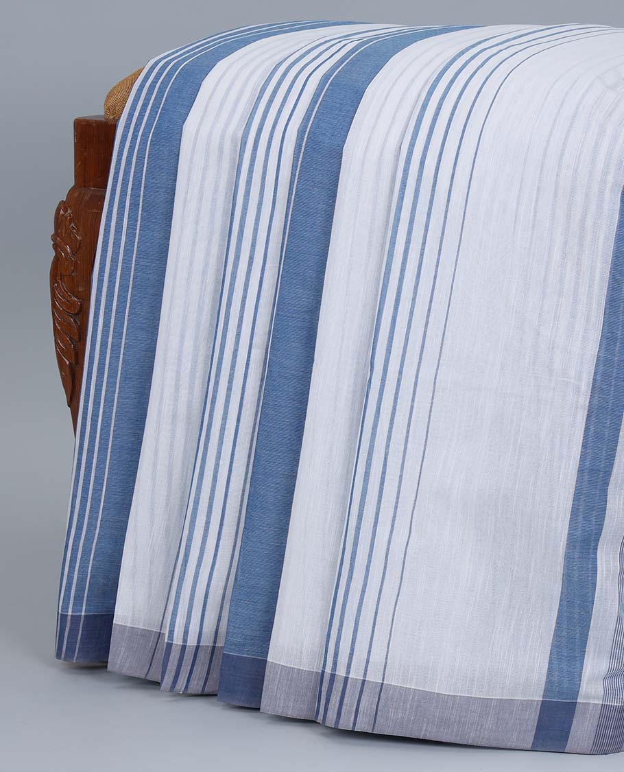 Blue & cream striped jute cotton saree, self-border & pallu of stripes 