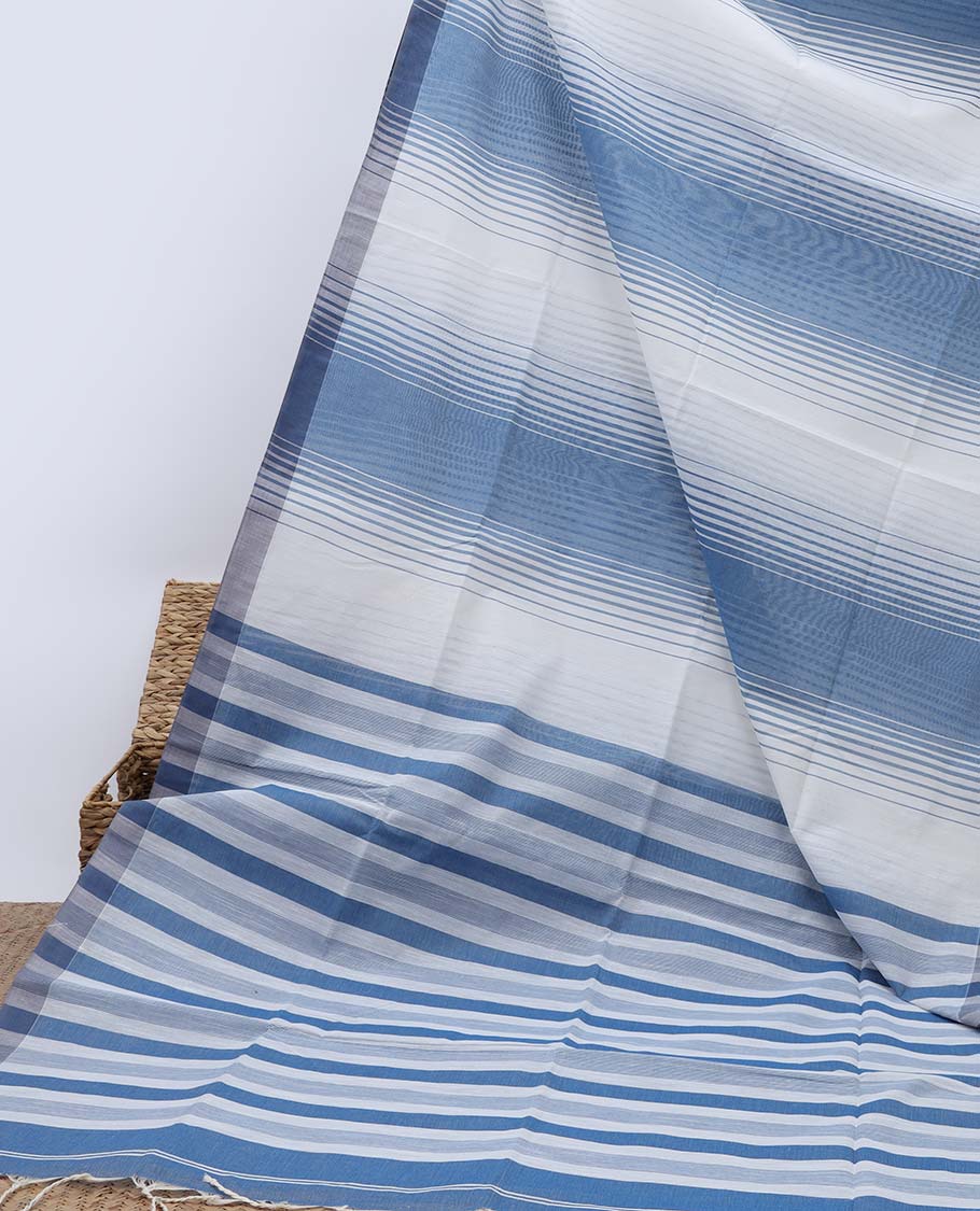 Blue & cream striped jute cotton saree, self-border & pallu of stripes 