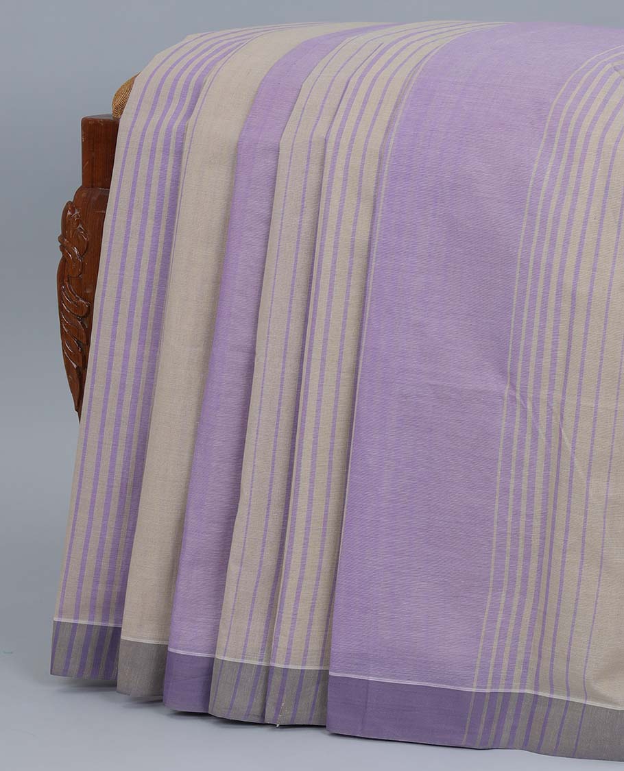 Lavender & grey striped jute cotton saree, self-border & pallu of stripes 