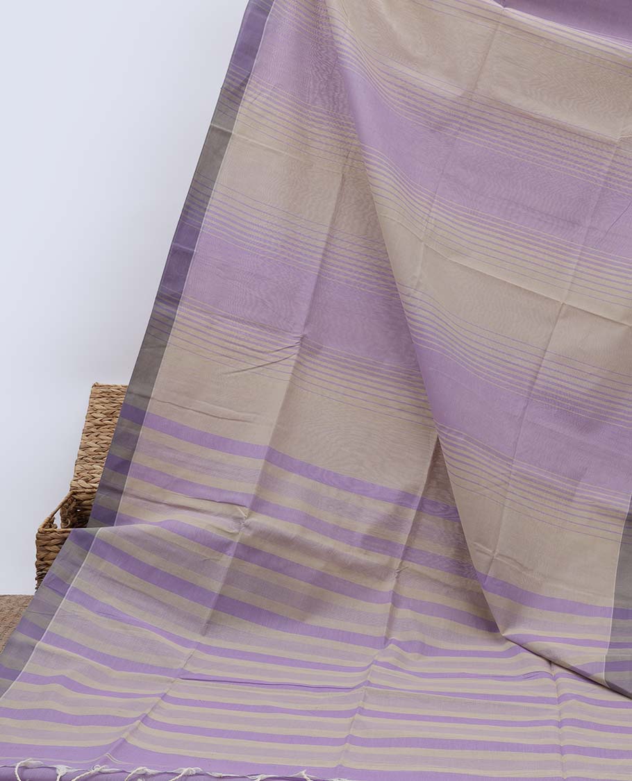Lavender & grey striped jute cotton saree, self-border & pallu of stripes 