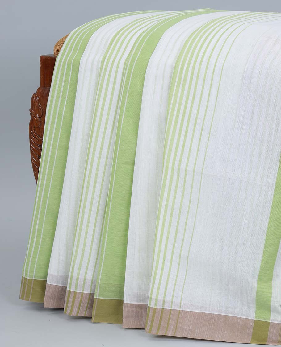 Green & white striped jute cotton saree, self-border & pallu of stripes 