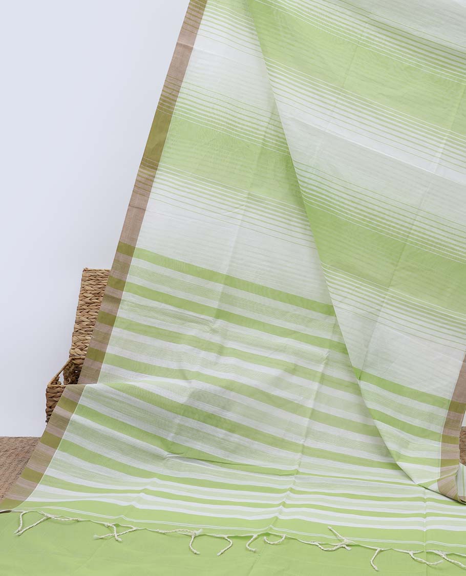 Green & white striped jute cotton saree, self-border & pallu of stripes 