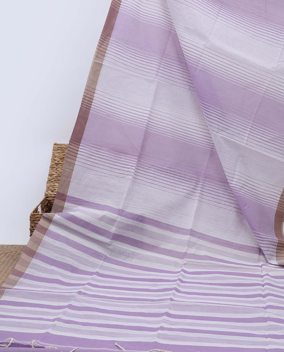 Lavender & white striped jute cotton saree, self-border & pallu of stripes 
