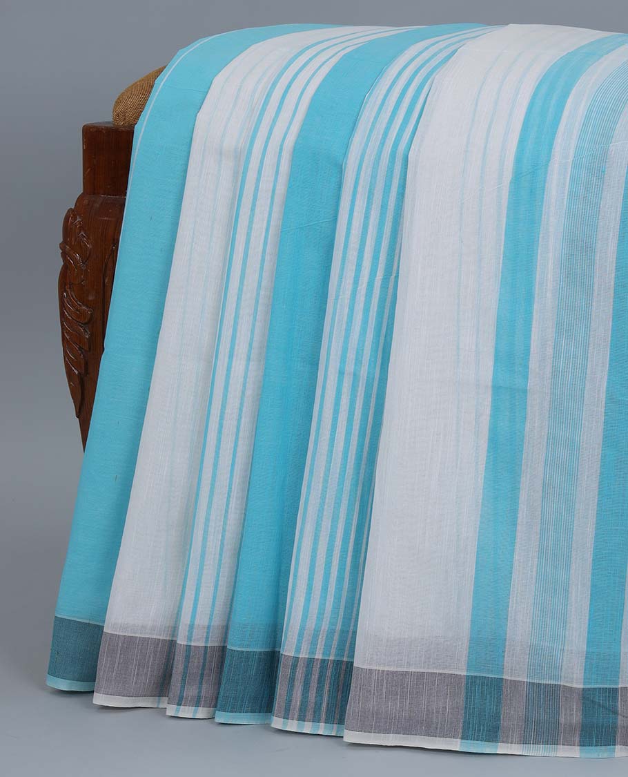 Blue & white striped jute cotton saree, self-border & pallu of stripes 