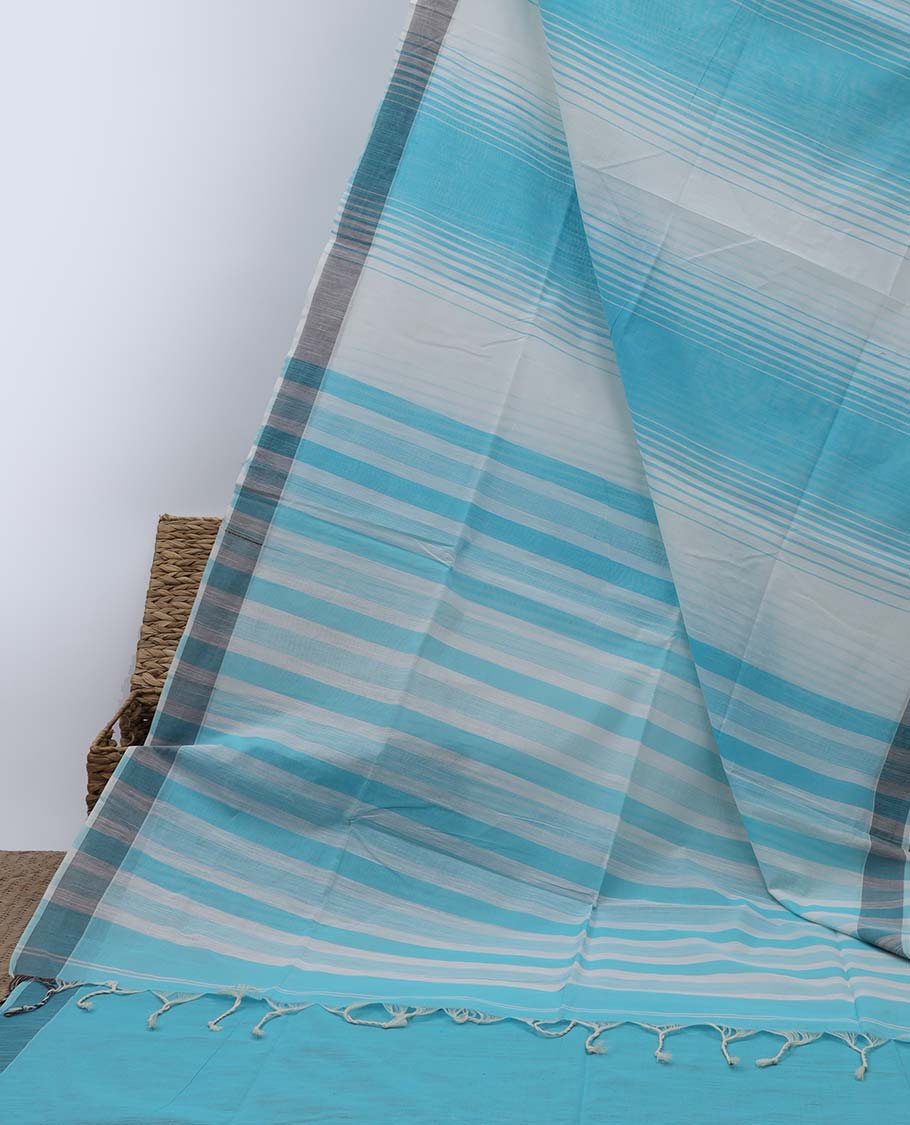 Blue & white striped jute cotton saree, self-border & pallu of stripes 