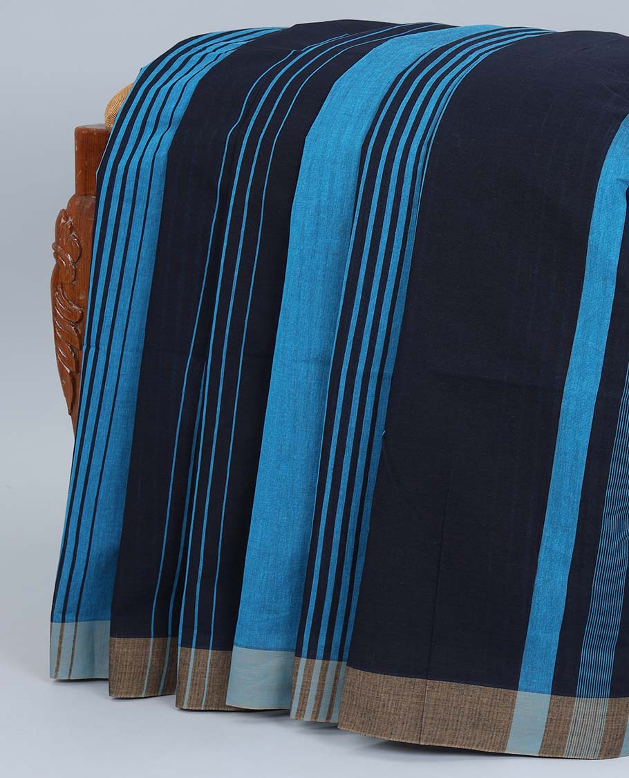 Blue & black striped jute cotton saree, contrast border & pallu of stripes