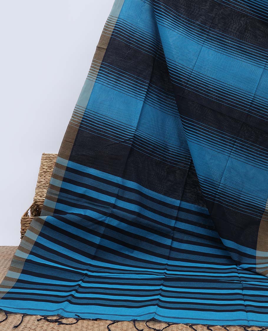 Blue & black striped jute cotton saree, contrast border & pallu of stripes