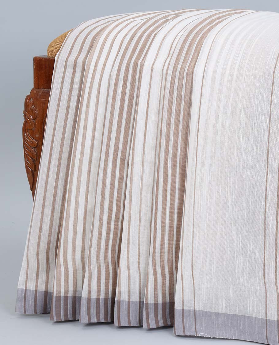 White & pale brown striped jute cotton saree, self-border & pallu of stripes 