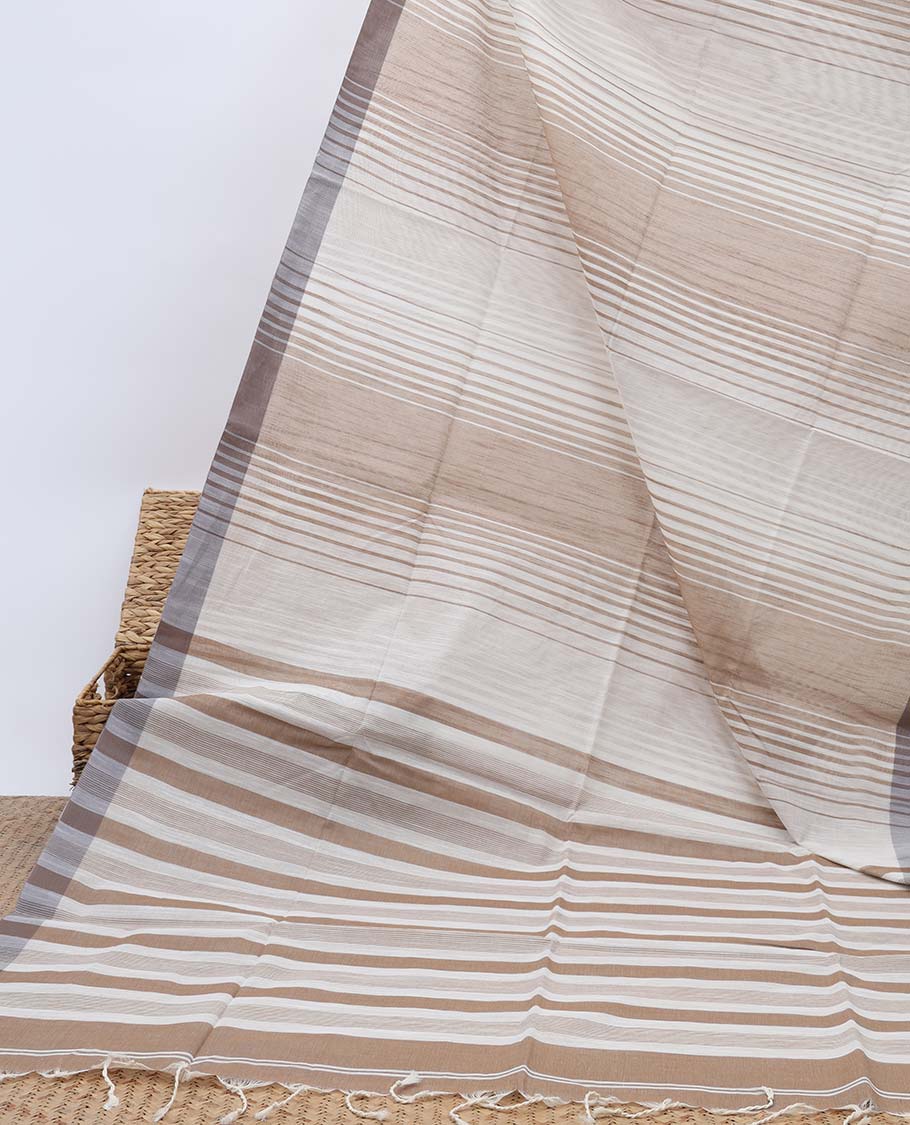White & pale brown striped jute cotton saree, self-border & pallu of stripes 