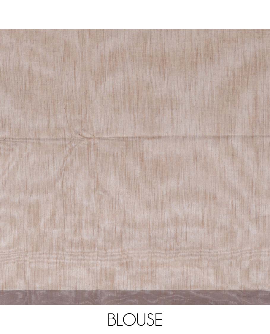 White & pale brown striped jute cotton saree, self-border & pallu of stripes 