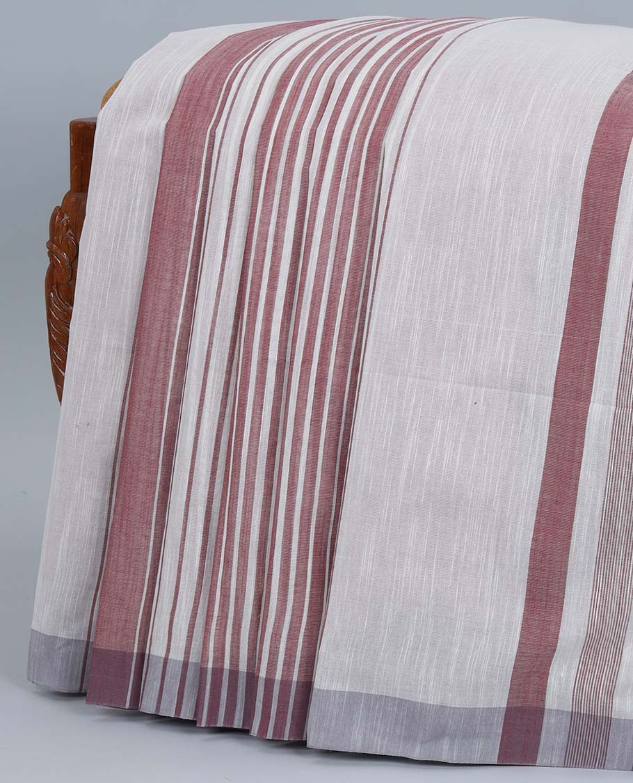 Off-white & red striped jute cotton saree, self-border & pallu of stripes 