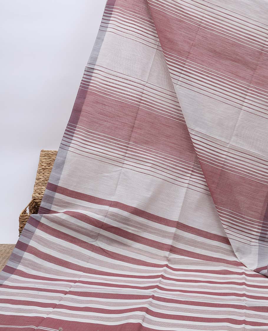 Off-white & red striped jute cotton saree, self-border & pallu of stripes 