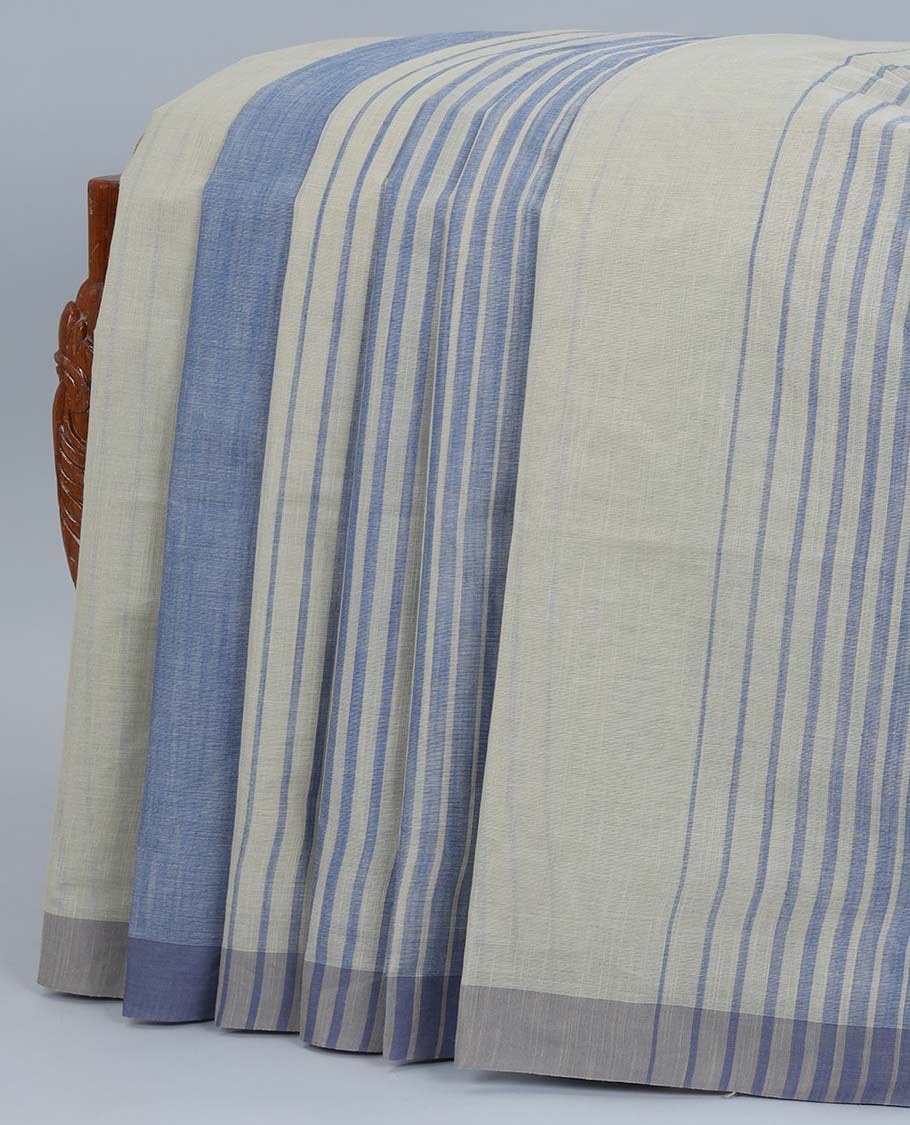 Grey & blue striped jute cotton saree, self-border & pallu of stripes 