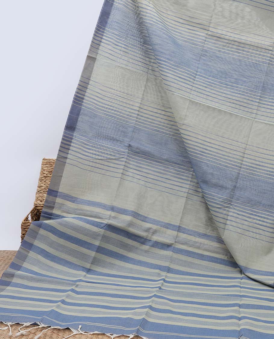 Grey & blue striped jute cotton saree, self-border & pallu of stripes 