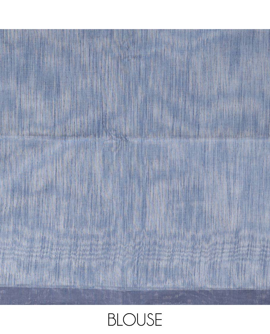 Grey & blue striped jute cotton saree, self-border & pallu of stripes 