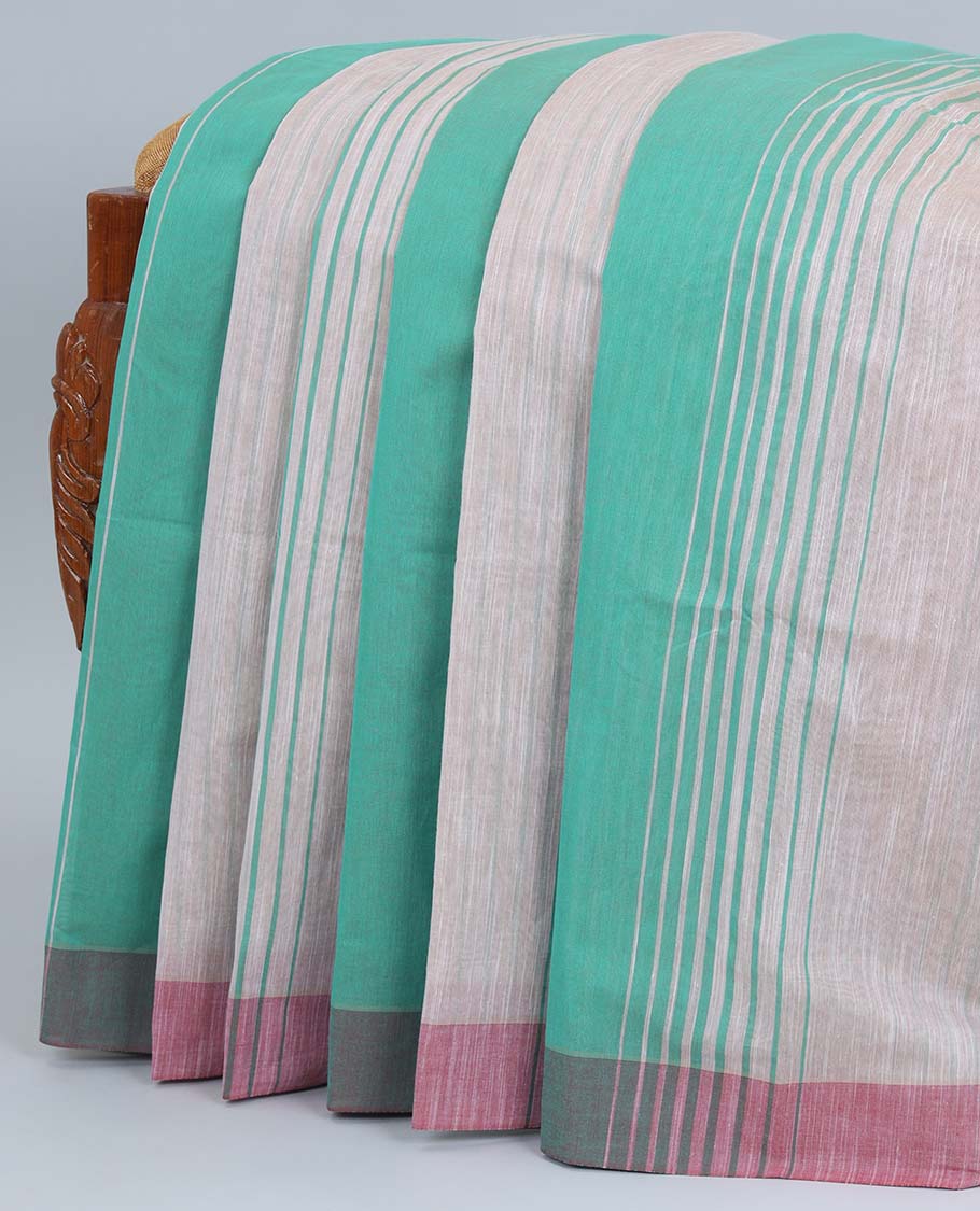 Turquoise & off-white striped jute cotton saree, self-border & pallu of stripes 