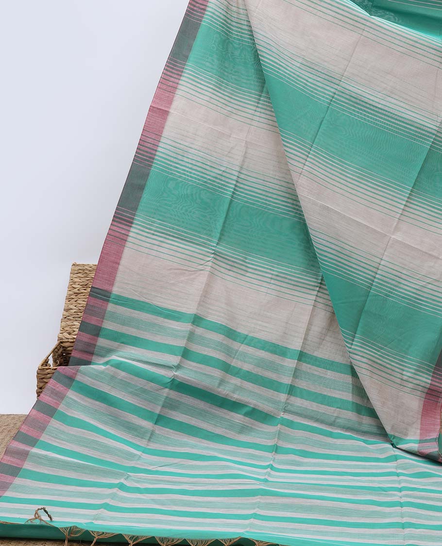 Turquoise & off-white striped jute cotton saree, self-border & pallu of stripes 