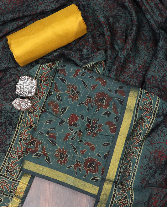 Green material chudidhar set, floral vine printed cotton top, contrast plain bottom & dupatta of batik & floral print