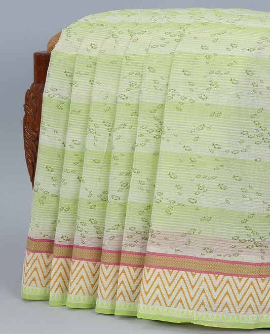 Green striped cotton saree with fish designs, geometric patterned border & pallu