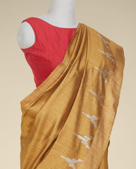 Mustard dupion saree, Vidarbha border & kalamkari-style floral vine printed blouse
