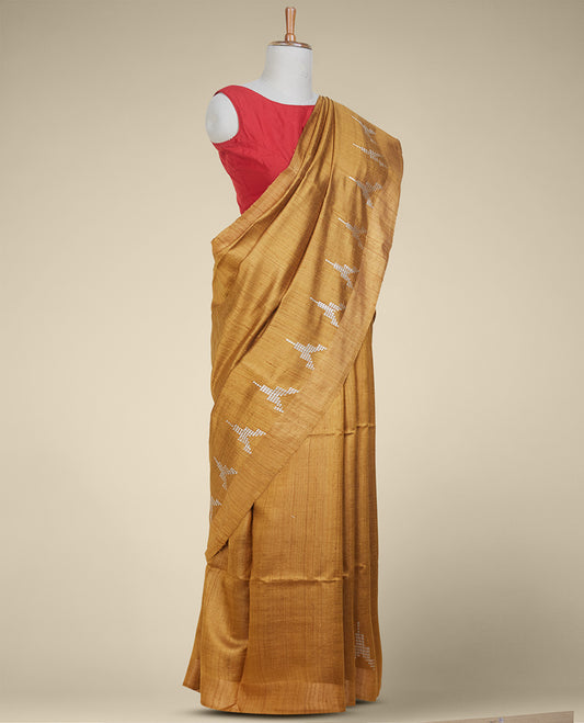 Mustard dupion saree, Vidarbha border & kalamkari-style floral vine printed blouse