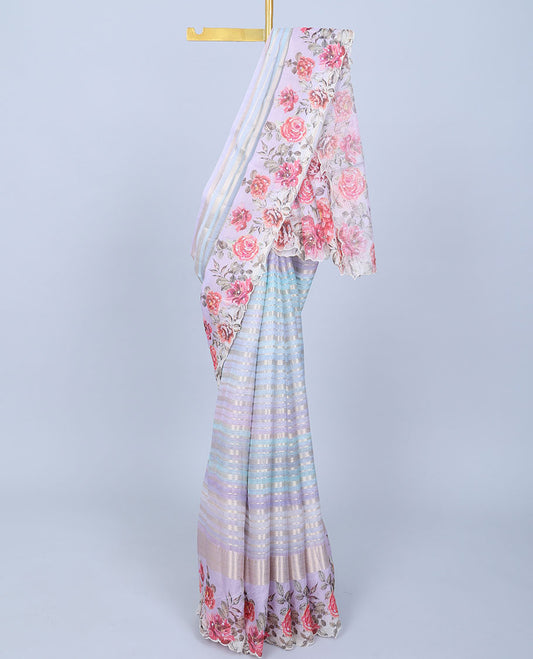Multi-color zari striped Semi banaras jute saree, scallop border of traditional zari designs & floral printed pallu