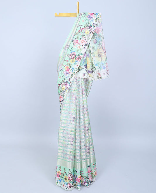 Green zari designs Semi banaras jute saree, scallop border of traditional zari designs & floral printed pallu