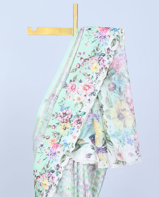 Green zari designs Semi banaras jute saree, scallop border of traditional zari designs & floral printed pallu