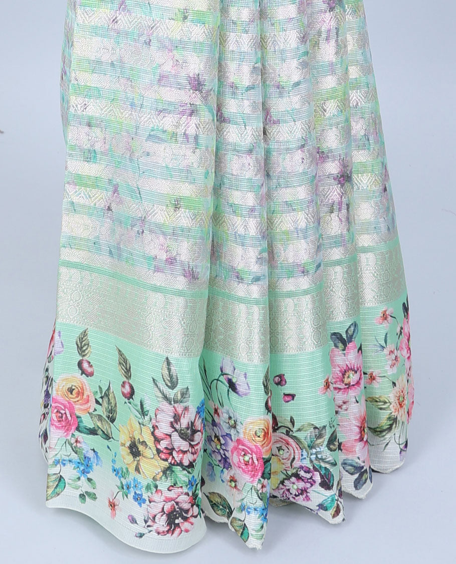 Green zari designs Semi banaras jute saree, scallop border of traditional zari designs & floral printed pallu