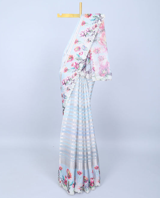 Pastel brown zari designs Semi banaras jute saree, scallop border of traditional zari designs & floral printed pallu