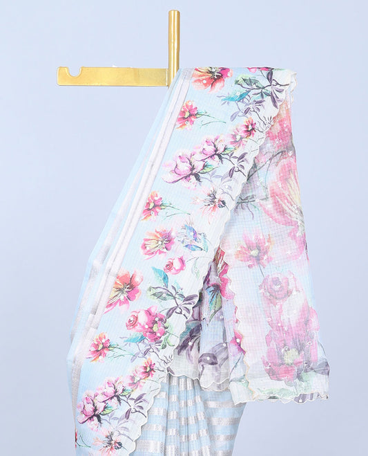 Pastel brown zari designs Semi banaras jute saree, scallop border of traditional zari designs & floral printed pallu