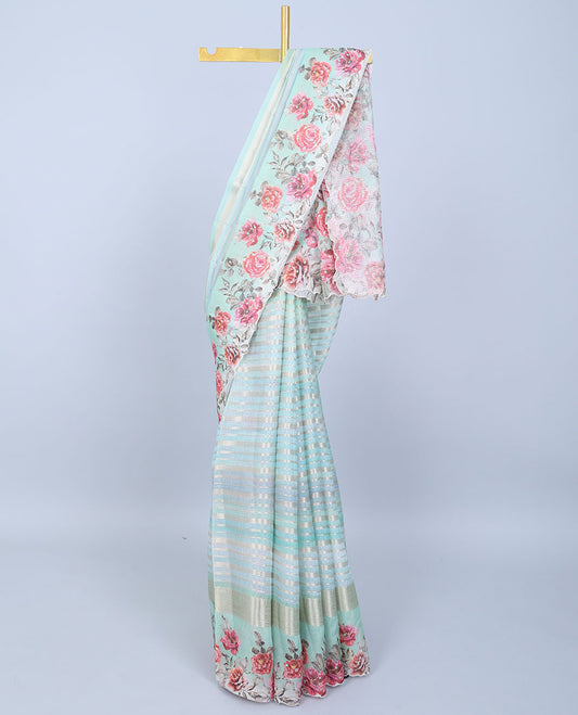 Green zari designs Semi banaras jute saree, scallop border of traditional zari designs & floral printed pallu