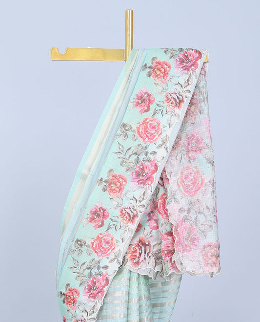 Green zari designs Semi banaras jute saree, scallop border of traditional zari designs & floral printed pallu