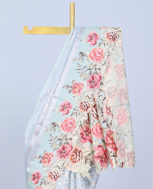 Blue zari designs Semi banaras jute saree, scallop border of traditional zari designs & floral printed pallu