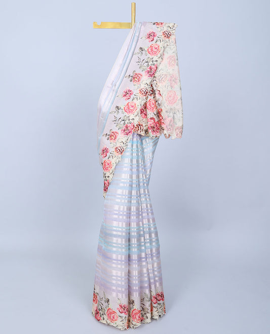Multi-color zari designs Semi banaras jute saree, scallop border of traditional zari designs & floral printed pallu